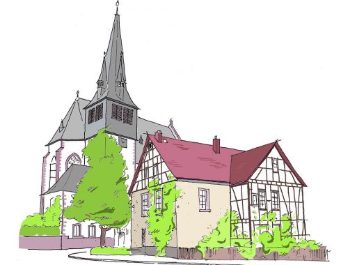 Kirche mit ‚Alter Verwaltungsstelle‘ - Isometrie für Broschüre